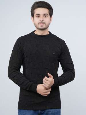 FEVERFEW Self Design Round Neck Casual Men Black Sweater