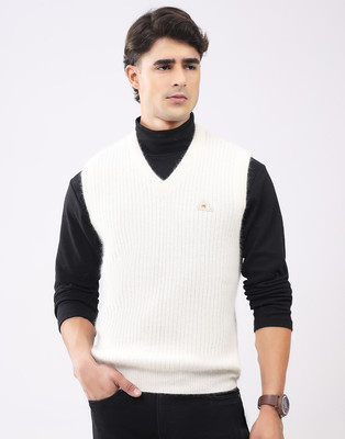 MONTE CARLO Solid V Neck Casual Men White Sweater