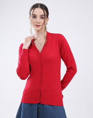 MONTE CARLO Solid V Neck Casual Women Red Sweater