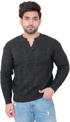 Dartline Solid Round Neck Party Men Grey Sweater
