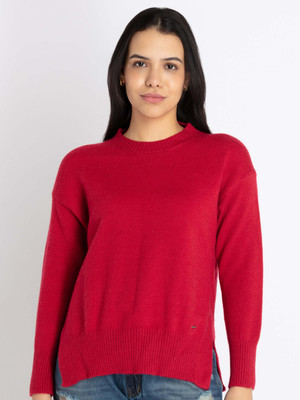 Status Quo Solid Round Neck Casual Women Maroon Sweater