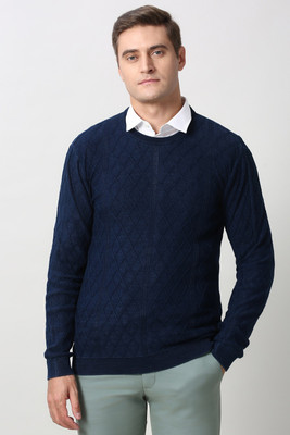 PETER ENGLAND Solid, Self Design Crew Neck Casual Men Dark Blue Sweater