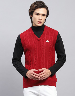 MONTE CARLO Self Design V Neck Casual Men Red Sweater