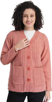 manra Woven V Neck Casual Women Pink Sweater