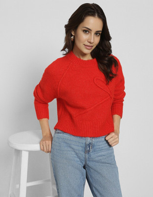 American Eagle Self Design Crew Neck Casual Women Red Sweater