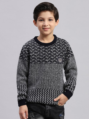 MONTE CARLO Self Design Round Neck Casual Boys Black, Grey Sweater