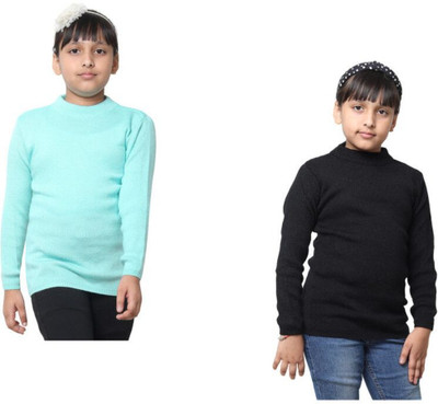 Indistar Solid Round Neck Casual Girls Blue, Black Sweater