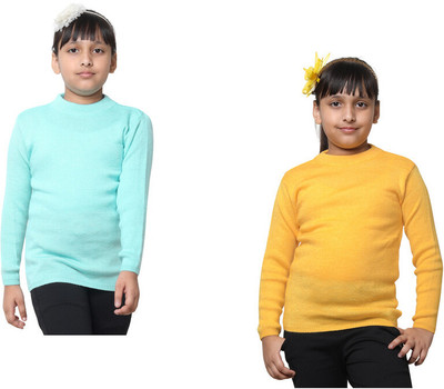 Indistar Solid Round Neck Casual Girls Blue, Yellow Sweater