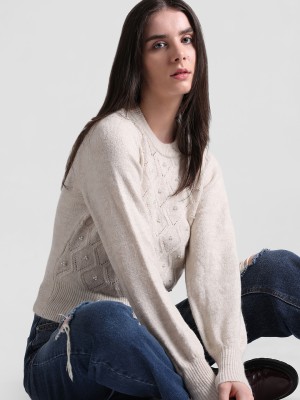 ONLY Embellished Round Neck Casual Women Beige Sweater