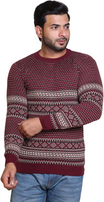 Grand Line Self Design Round Neck Casual Men Maroon Sweater