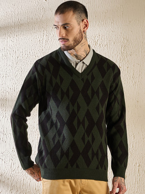 Pivl Printed V Neck Casual Men Dark Green Sweater