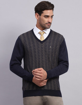 MONTE CARLO Self Design V Neck Casual Men Dark Blue Sweater