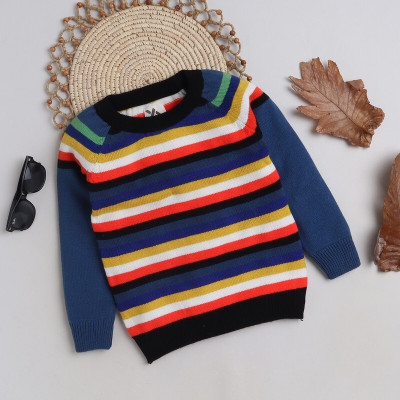 Yellow Apple Striped Round Neck Casual Boys Blue Sweater