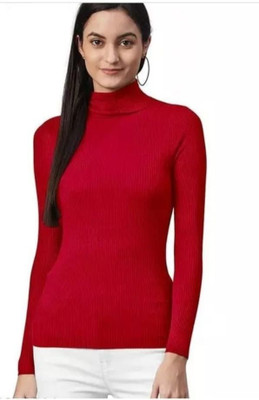 Farlucci Solid High Neck Casual Women Red Sweater