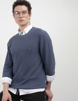 TOMMY HILFIGER Self Design Round Neck Casual Men Dark Blue Sweater