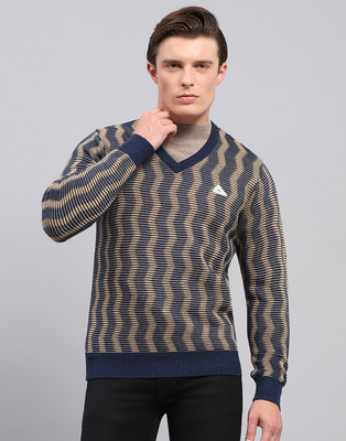 MONTE CARLO Self Design V Neck Casual Men Dark Blue Sweater