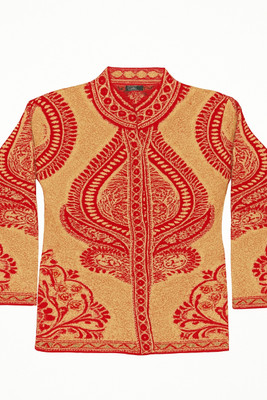 Ludhiana Self Design Round Neck Party Women Beige Sweater