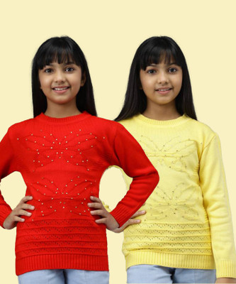 ANIXA Self Design Round Neck Casual Girls Red, Yellow Sweater