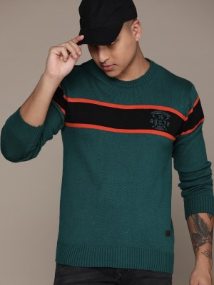 Roadster Woven Round Neck Casual Men Green Sweater