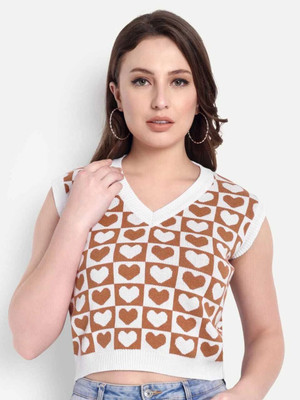 Aarnits Embroidered, Printed V Neck Casual Women Brown Sweater
