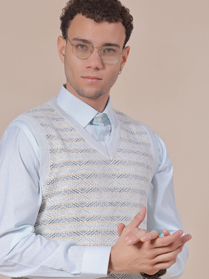 V-MART Self Design V Neck Casual Men White Sweater