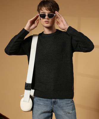 CAMPUS SUTRA Self Design Crew Neck Casual Men Black Sweater