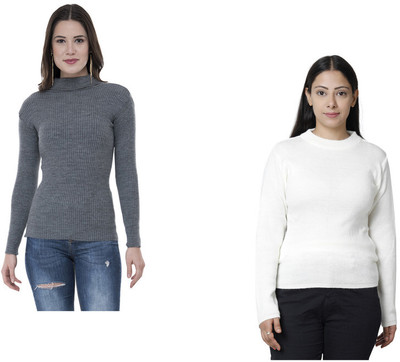 IndiWeaves Solid High Neck Casual Women Grey, White Sweater