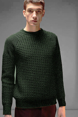 HouseOfCommon Self Design Round Neck Casual Men Green Sweater