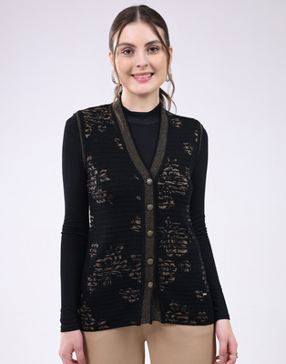 MONTE CARLO Woven V Neck Casual Women Black Sweater