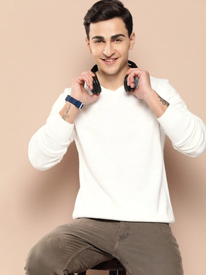 HERE&NOW Solid V Neck Casual Men White Sweater