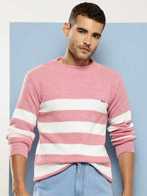 Aarika Striped Round Neck Casual Men Pink Sweater