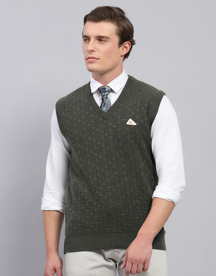 MONTE CARLO Self Design V Neck Casual Men Dark Green Sweater