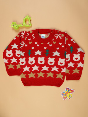 V-MART Printed Round Neck Casual Baby Boys Red Sweater