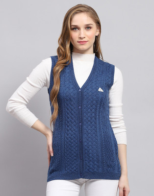 MONTE CARLO Self Design V Neck Casual Women Blue Sweater