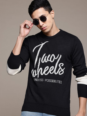 Roadster Self Design Round Neck Casual Men Blue Sweater