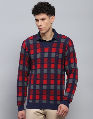 MONTE CARLO Checkered V Neck Casual Men Blue Sweater