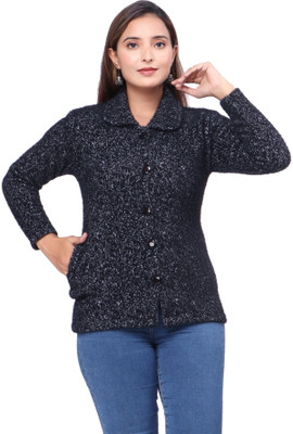 WOOL 4U Self Design Collared Neck Casual Women Black Sweater
