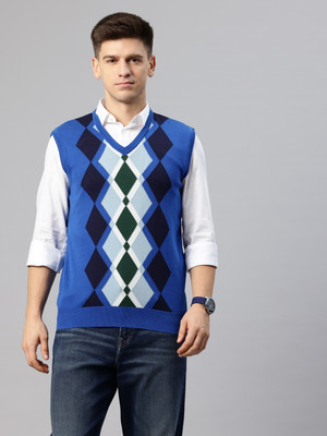 PIERRE CARLO Colorblock V Neck Casual Men Blue Sweater