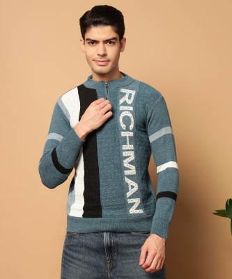 SILVANUS Colorblock Round Neck Casual Men Blue Sweater