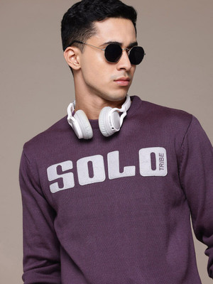 Roadster Self Design Round Neck Casual Men Purple Sweater