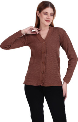 BRAZO Self Design V Neck Casual Women Brown Sweater