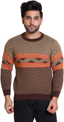Grand Line Geometric Print Round Neck Casual Men Brown Sweater