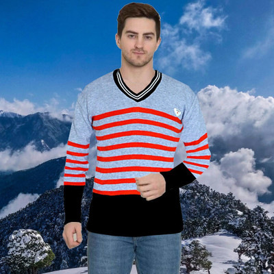 FUTUREGEMS Striped V Neck Casual Men Multicolor Sweater