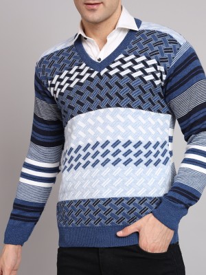 eWools Striped V Neck Casual Men Blue, White Sweater