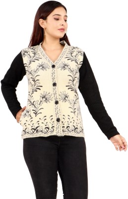 WOOLVALLEY Self Design V Neck Casual Women Black, White Sweater