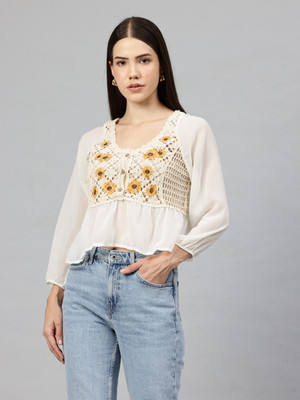 PIERRE CARLO Embroidered Round Neck Casual Women White Sweater