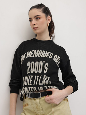 Roadster Self Design Round Neck Casual Women Black Sweater