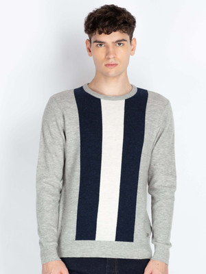 Status Quo Colorblock Round Neck Casual Men Grey Sweater