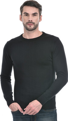 NUMERO UNO Solid Round Neck Casual Men Black Sweater