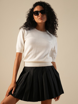 Globus Solid Round Neck Casual Women White Sweater